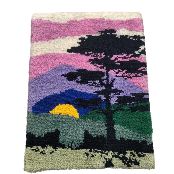 vintage handmade wool latch hook wall art rug sunset trees clouds 70s 36x25